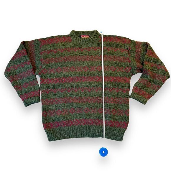 Jos. A. Bank Vintage 80s Men’s Chunky Heavy Knit Wool Green Red Sweater - Size L - Picture 6 of 6